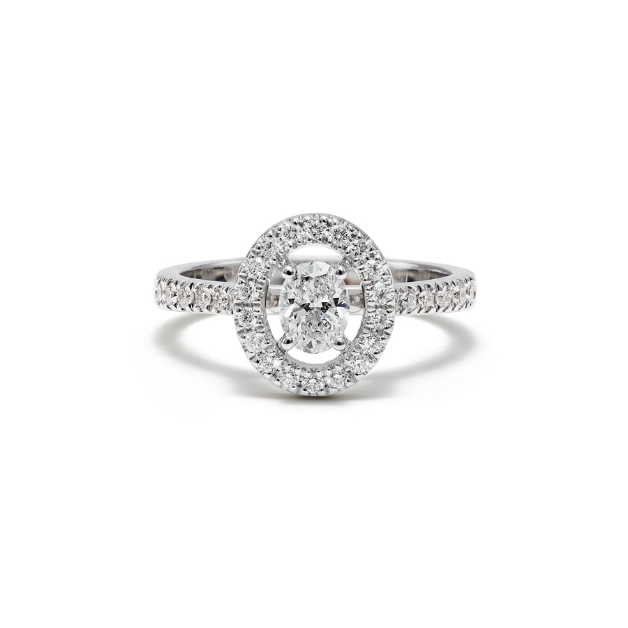 Ring i hvitt gull med ovalslipt diamant og brillianter