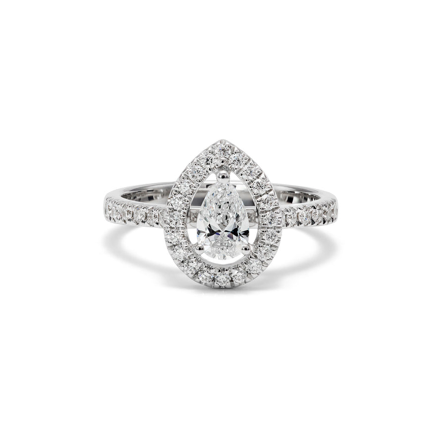 Ring i hvitt gull med dråpeslipt diamant og brillianter