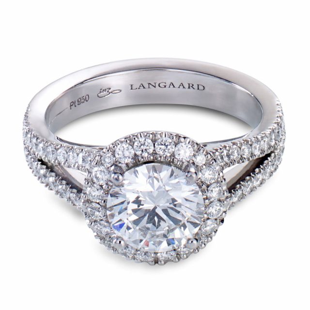 Brilliant cut diamond ring with split shank in platinum