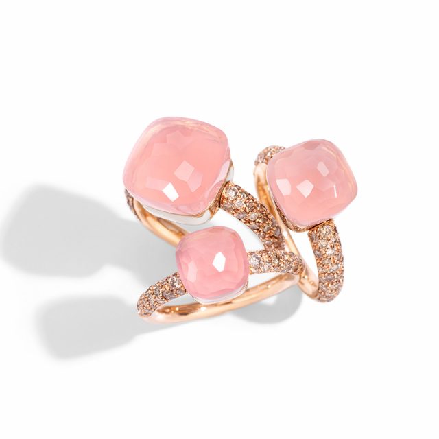NUDO ringer i roségull med rosenkvarts og champagnefargede diamanter