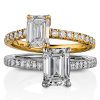 Engagement rings in platinum and rose gold with brilliant and emerald cut diamonds