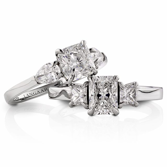 Forlovelsesringer i platina med radiant, prinsesse, cushion og dråpeslipte diamanter