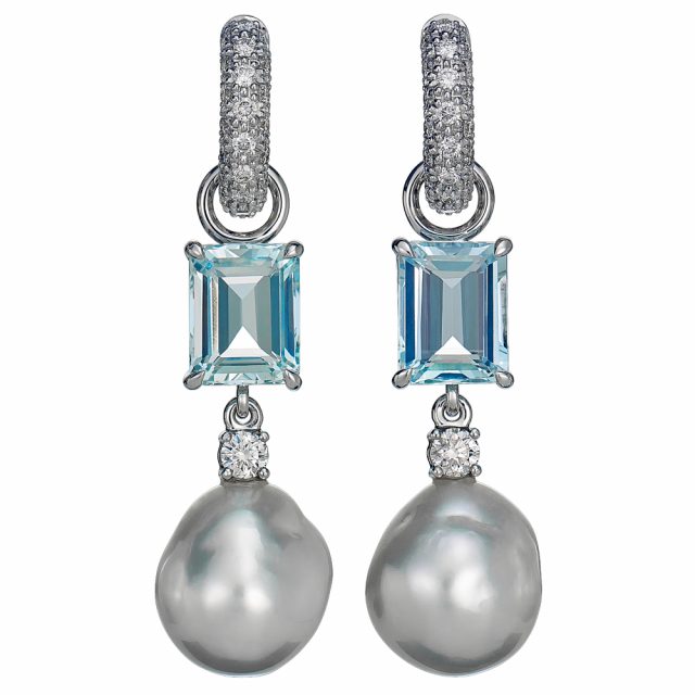 Earrings in white gold with aquamarine, diamonds and pearls