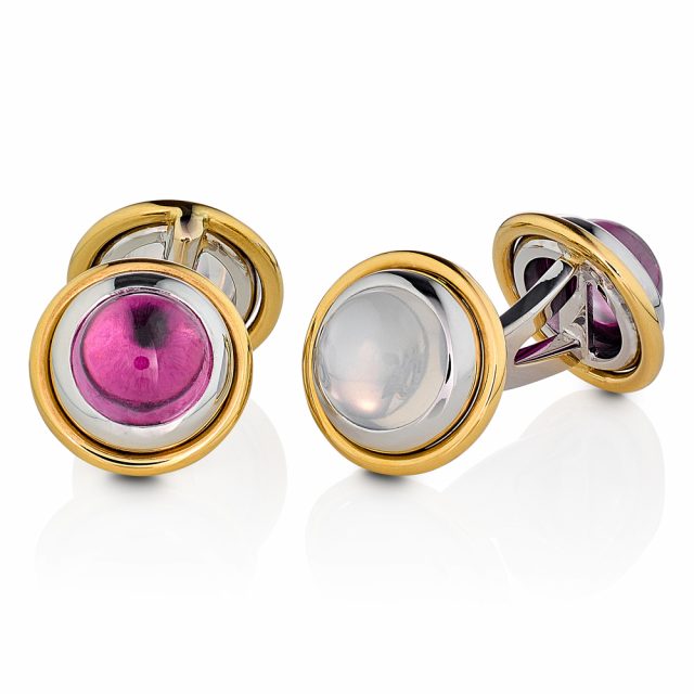 Cufflinks in white and rose gold with moonstone and pink tourmaline