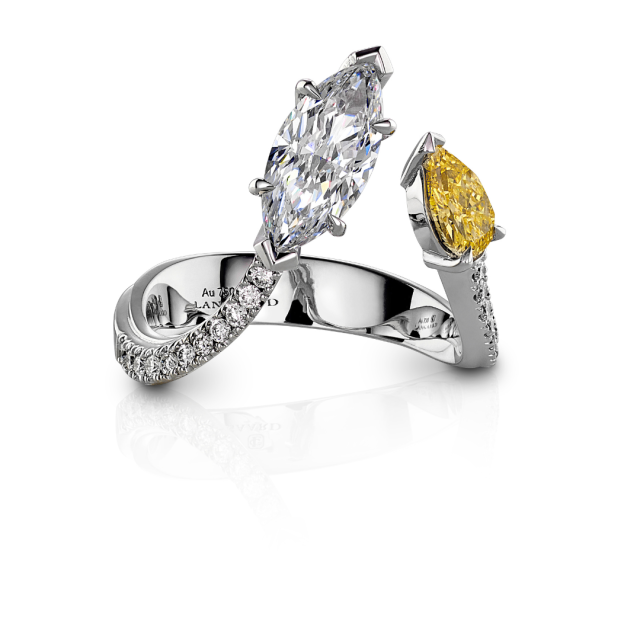 Toi Et Moi ring with drop cut fancy yellow diamond and marquise cut diamond