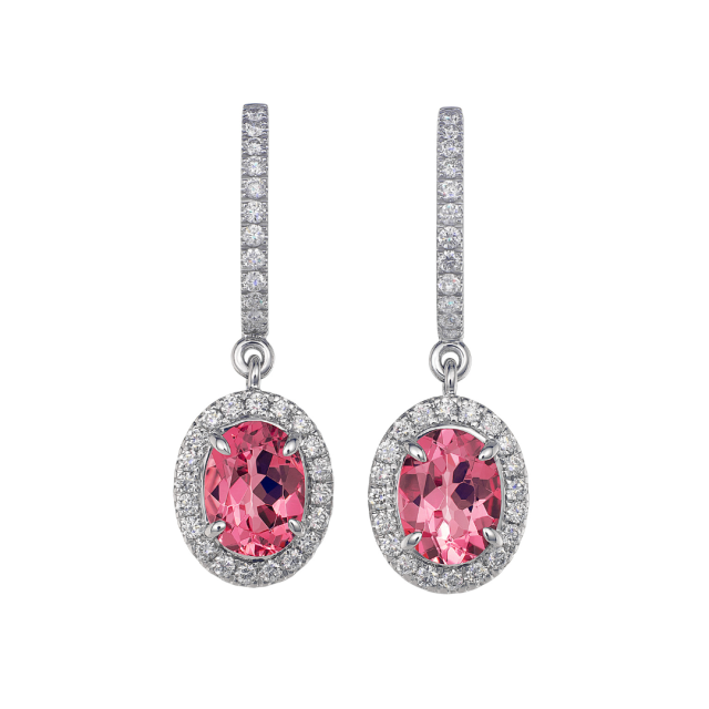 Earrings in 18kt. white gold with morganite 2,34ct and 64 brilliants 0,62ct