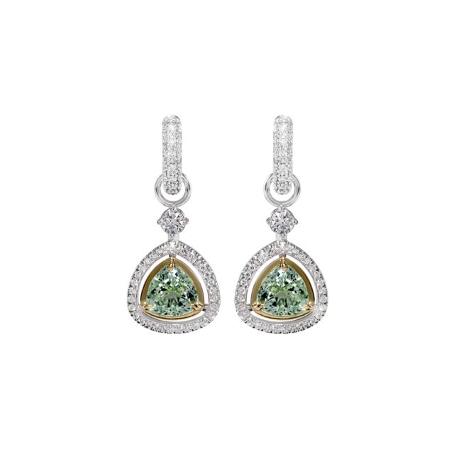 Creolheng i hvitt gull og gult gull med mint turmalin og briljanter