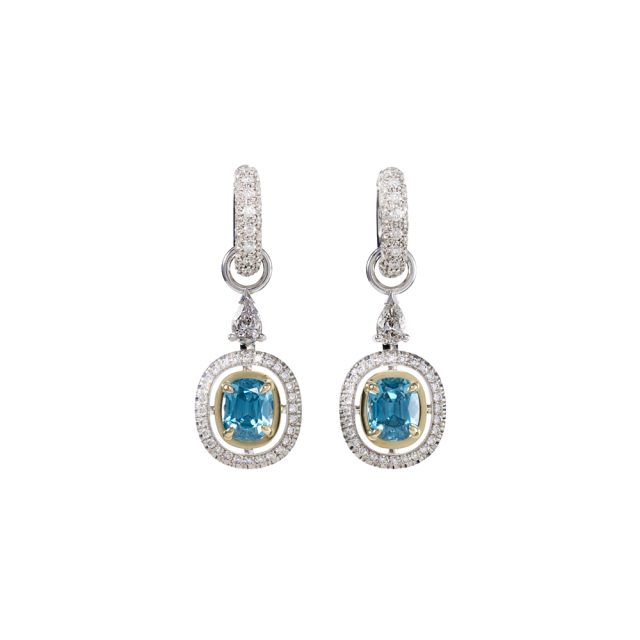 Creolheng i hvitt gull og gult gull med blå zirkon, dråpeslipte diamanter og briljanter