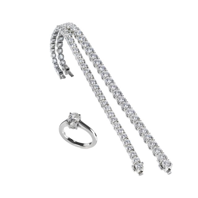 Enstensring i platina med oval diamant og armbånd i hvitt gull med briljanter